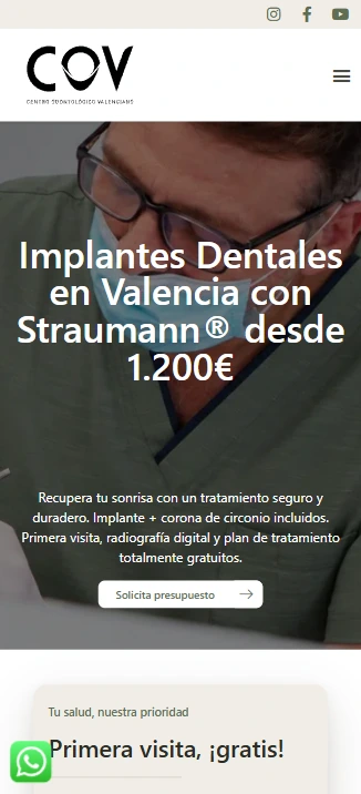 Web de Clínica COV en móvil: implantes dentales en Valencia