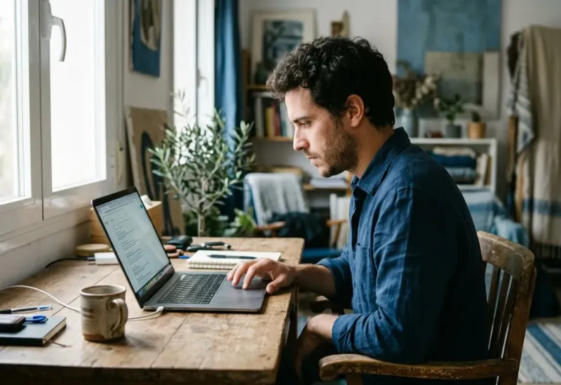 Resúmenes de IA de Google: hombre revisando los resultados de búsqueda en su portátil