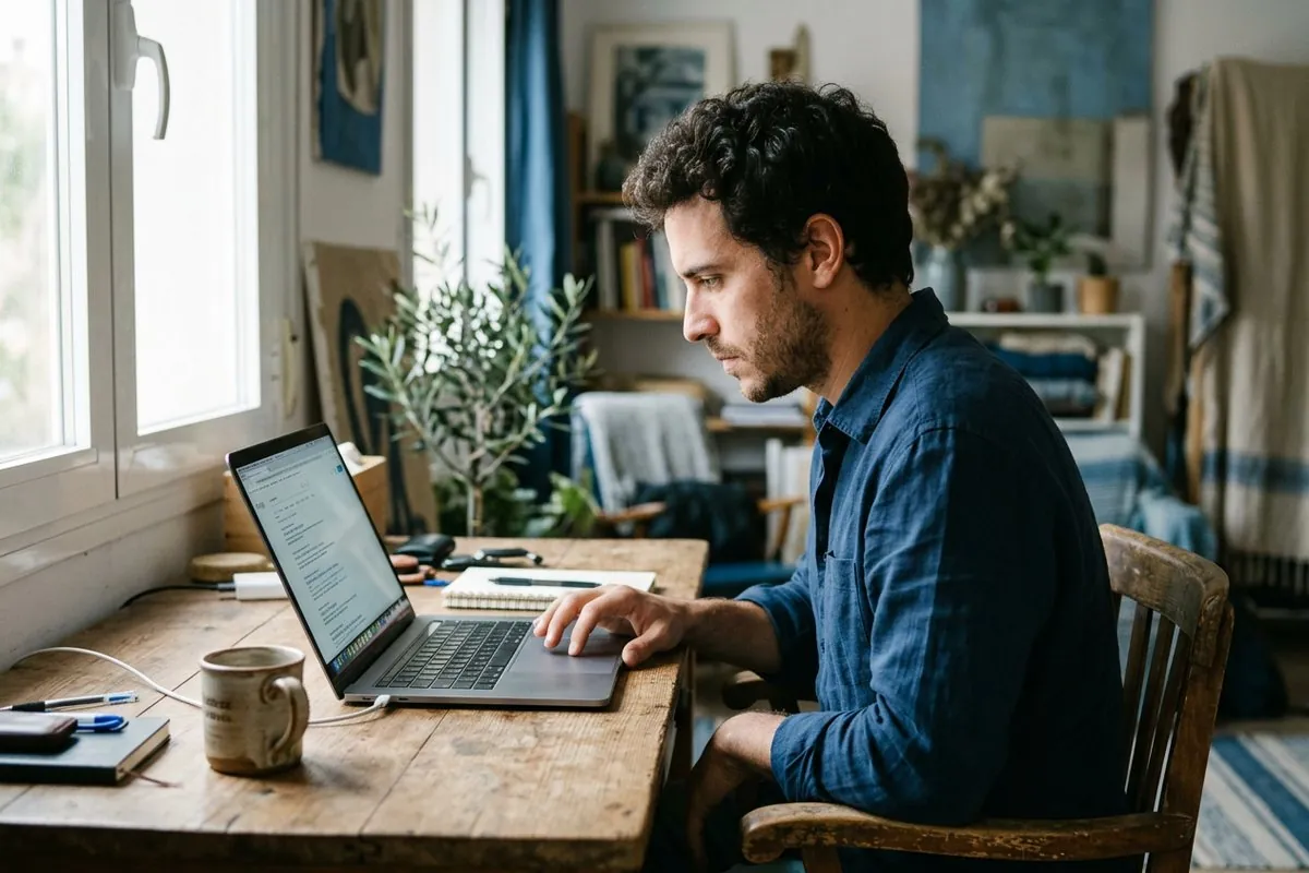 Resúmenes de IA de Google: hombre revisando los resultados de búsqueda en su portátil