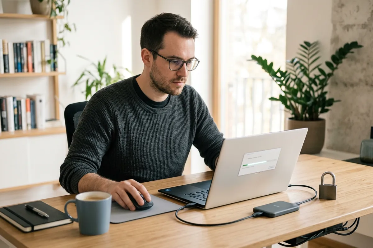 Técnico actualizando una web WordPress con una copia de seguridad conectada