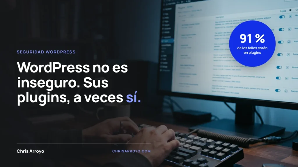 Seguridad en WordPress: manos tecleando frente a la lista de plugins