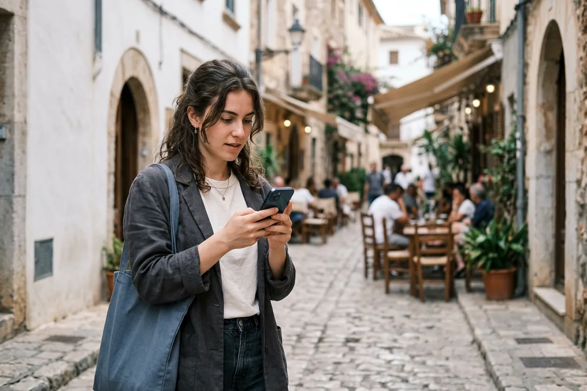 Mujer consultando el Modo IA de Google en su móvil en una calle con terrazas