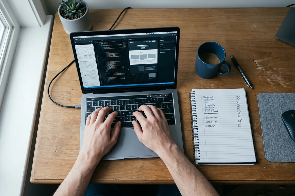Desarrollador revisando una web en el portátil con una lista de comprobación