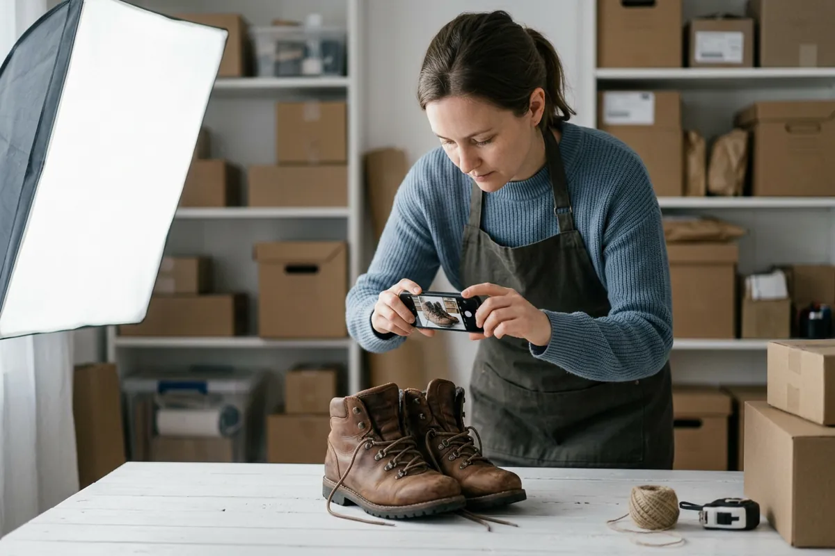 Dueña de una tienda online fotografiando unas botas para la ficha de producto