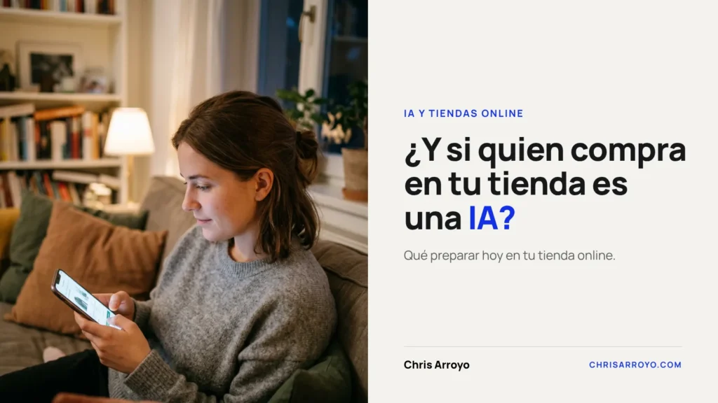 Comercio con agentes de IA: mujer comprando online con el móvil desde el sofá