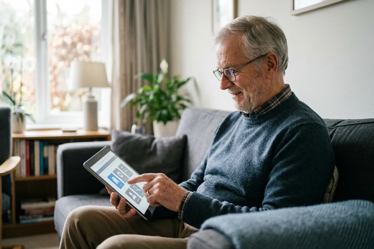 Hombre mayor navegando por una web con botones grandes en su tablet