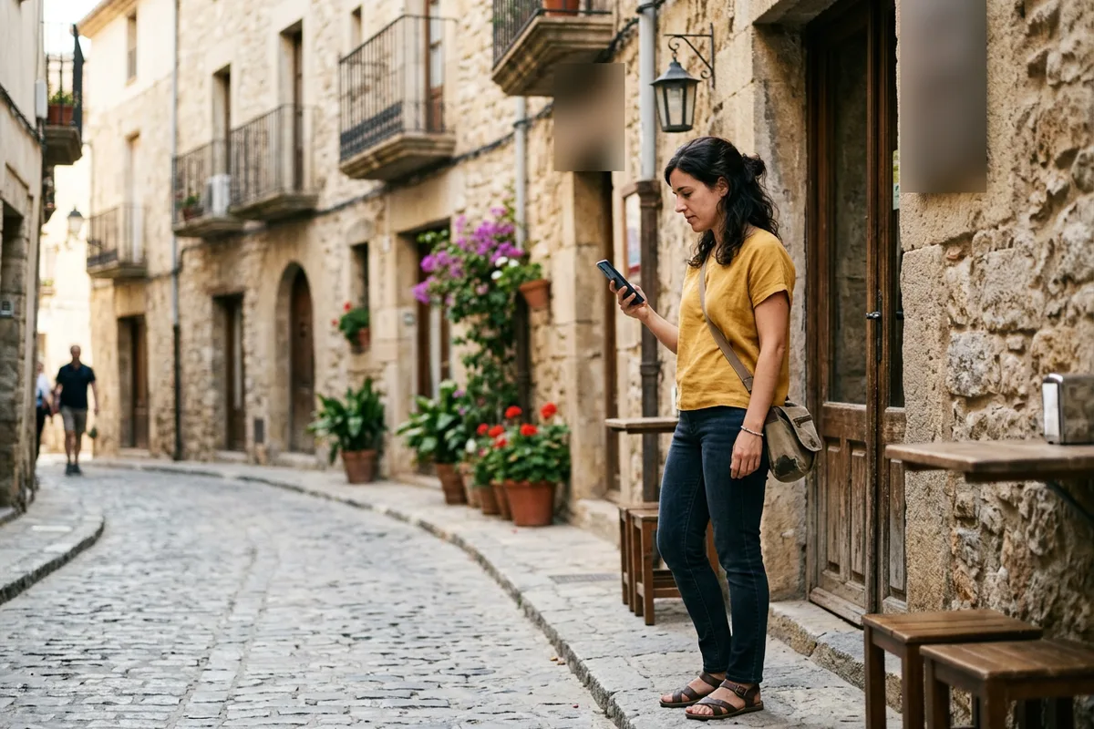 Mujer consultando en su móvil recomendaciones de negocios con un asistente de IA